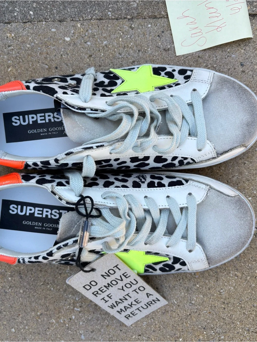 Golden Goose Leopard Print Sneakers with Neon Green Star and Orange Heel - Picture 2 of 6